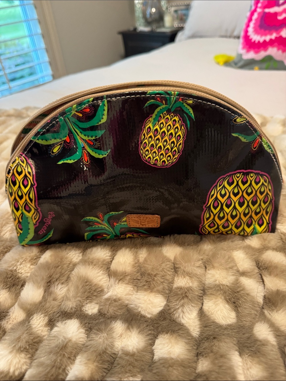 Consuela Chevron-Print Cosmetic Pouch in Green, Yellow and Orange size Lg 9.5w